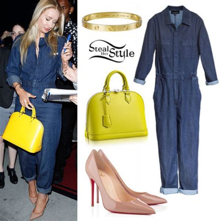 Iggy Azalea: Denim Jumpsuit, Yellow Bag