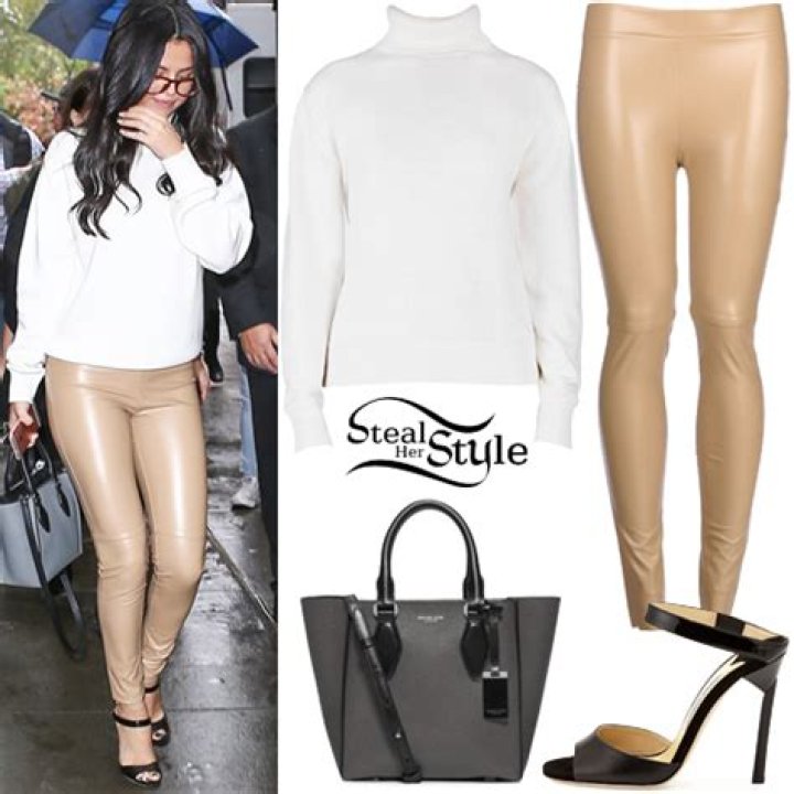 Selena Gomez: White Sweater, Beige Leather Pants